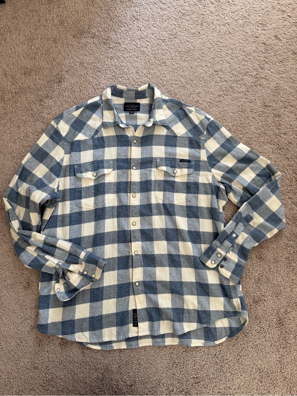 Lucky Brand Blue and Cream Plaid Button-Down Shirt